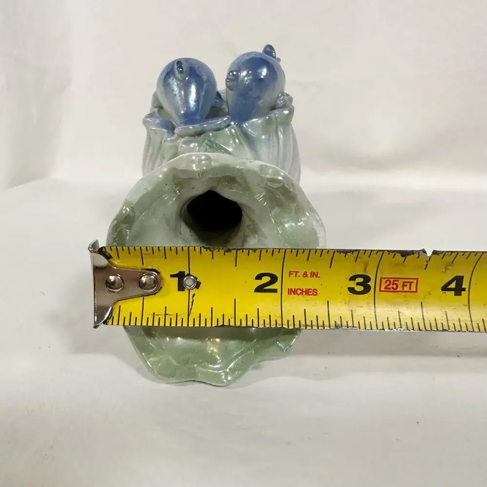 VTG Ceramic Iridescent Blue Sea Ocean Wave 2 Dolphins Scallop Shell Bud Vase